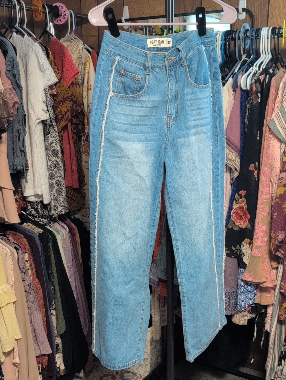 Very J Light Blue High-Rise Straight Leg Jeans with Side Fray Fringe EUC